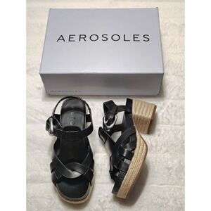 Aerosoles Chatham Womens Sandals Black Leather Platform Wedge Buckle Sz 7.5